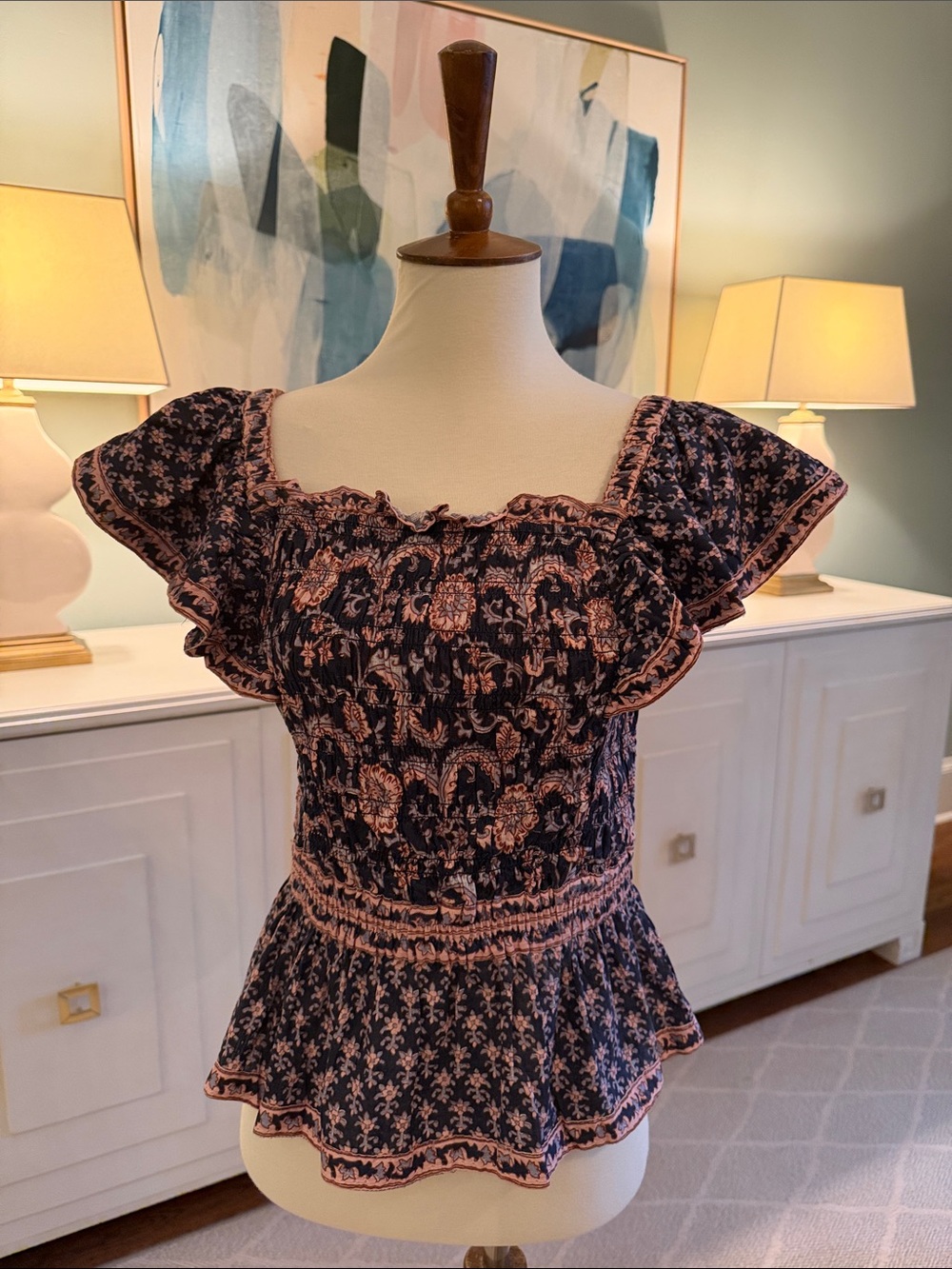 Sea. Ew York Navy and Pink Floral Smocked Peplum Top